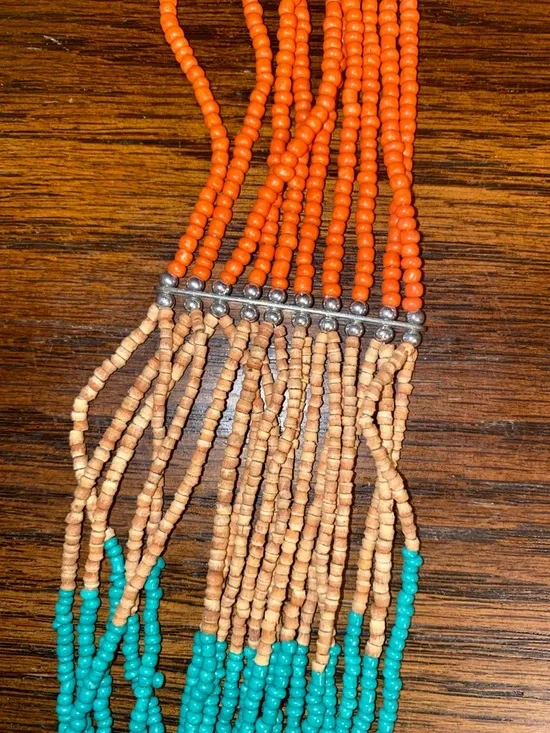 Handmade Multistrand Beaded Necklace in Turquoise, Orange & Tan by - Picture 3 of 3